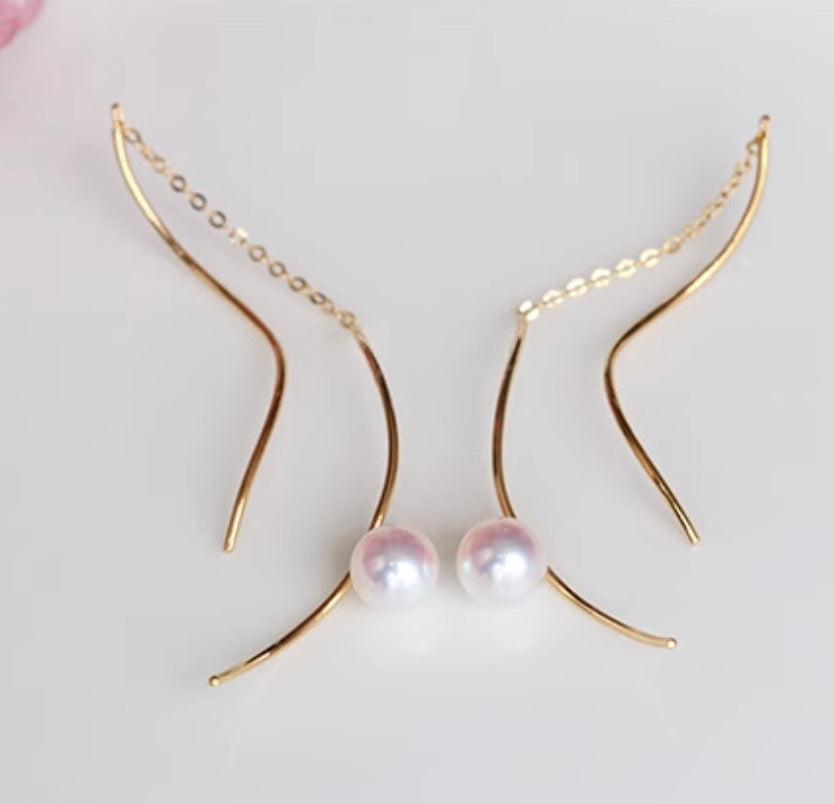 K18YG あこや真珠 ロングピアス S字 ウェーブ アコヤ真珠 ピアス 18K akoya pearls イエローゴールド ツイスト S