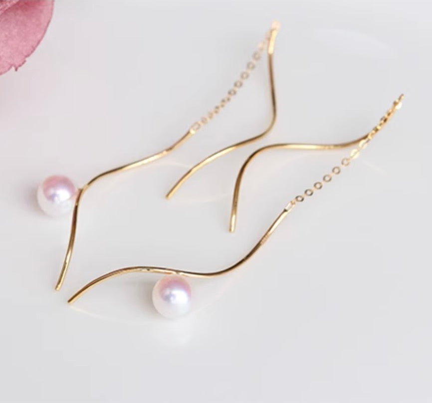 K18YG あこや真珠 ロングピアス S字 ウェーブ アコヤ真珠 ピアス 18K 