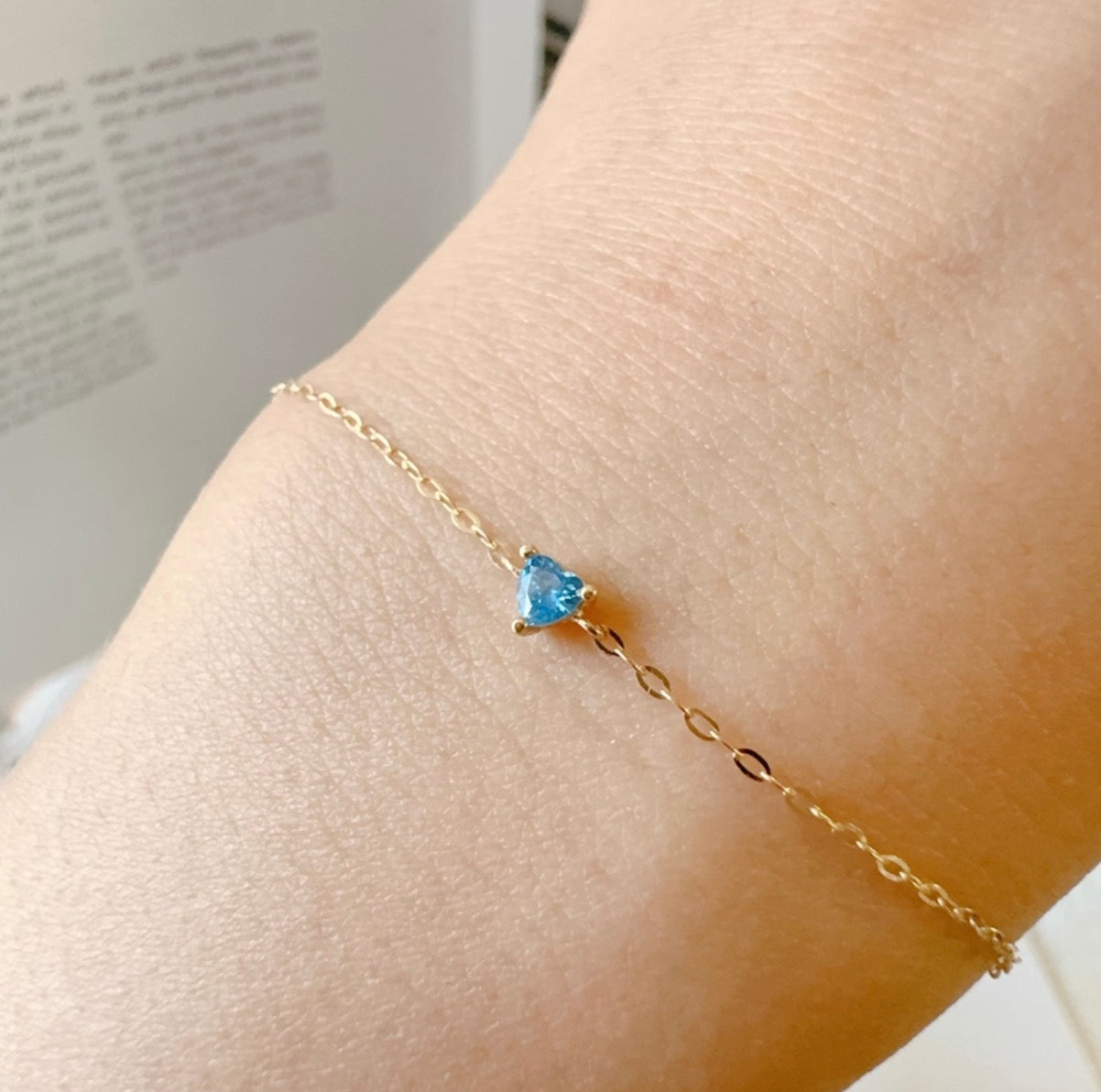 K14YG アクアマリン ブレスレット 14K ブレス イエローゴールド ハート ハート型 スクエア ワンポイント 細め シンプル