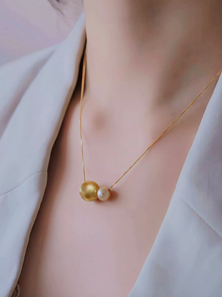 K18YG あこや真珠 ゴールデンパール ネックレス 2way ツインパール ペンダント 双子 スルー 18K ベネチアンチェーン ボックスチェーン