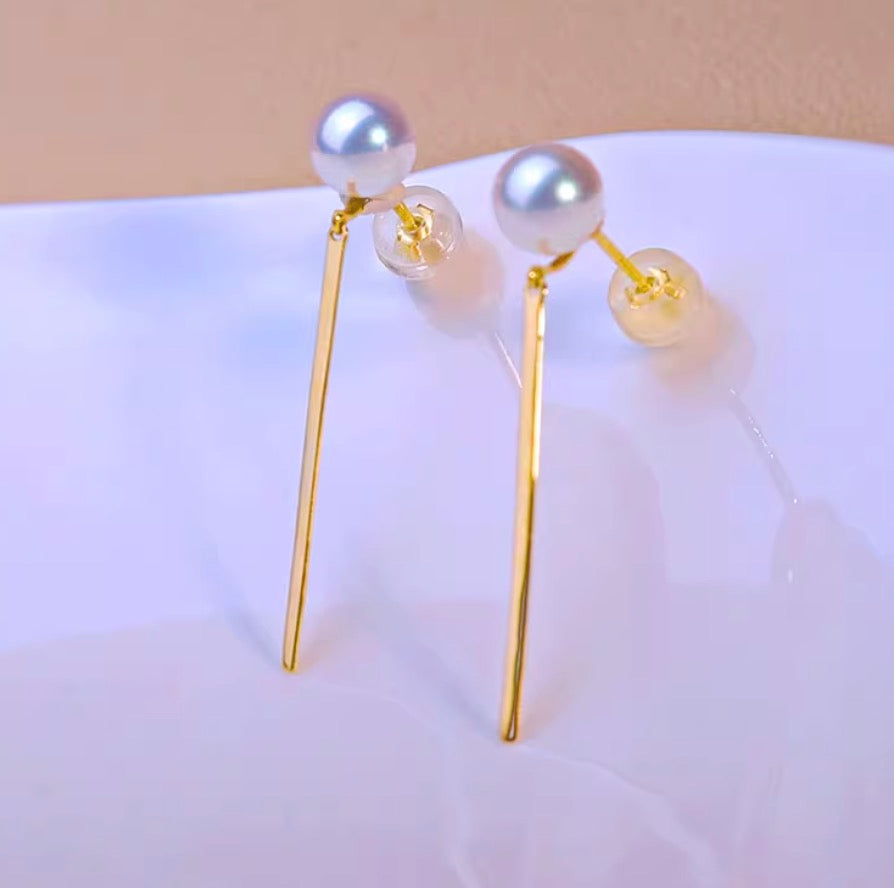 K18YG あこや真珠 パール ピアス スタッドピアス 揺れる スティック イエローゴールド アコヤ真珠 ロングピアス プレート