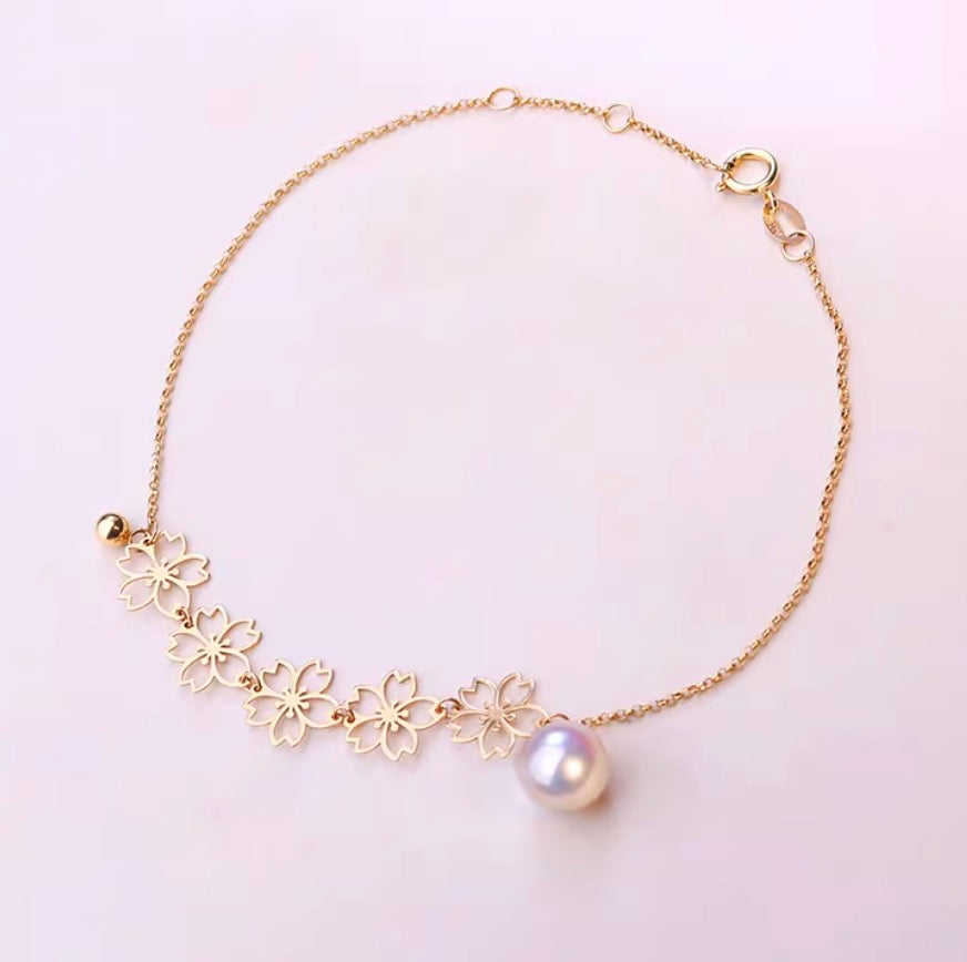 K18YG あこや真珠 パール ブレスレット 桜 花 チャーム イエローゴールド YG 18K あこや アコヤ真珠 ブレス