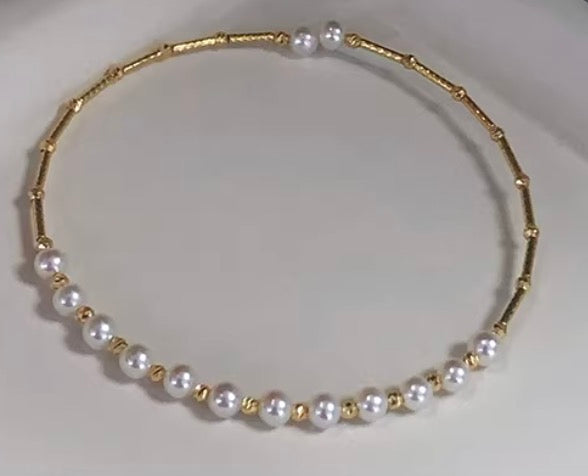 K18YG WG あこや真珠 バングル 小粒 イエローゴールド 18K アコヤ ワイヤーバングル 弾力 ブレスレット