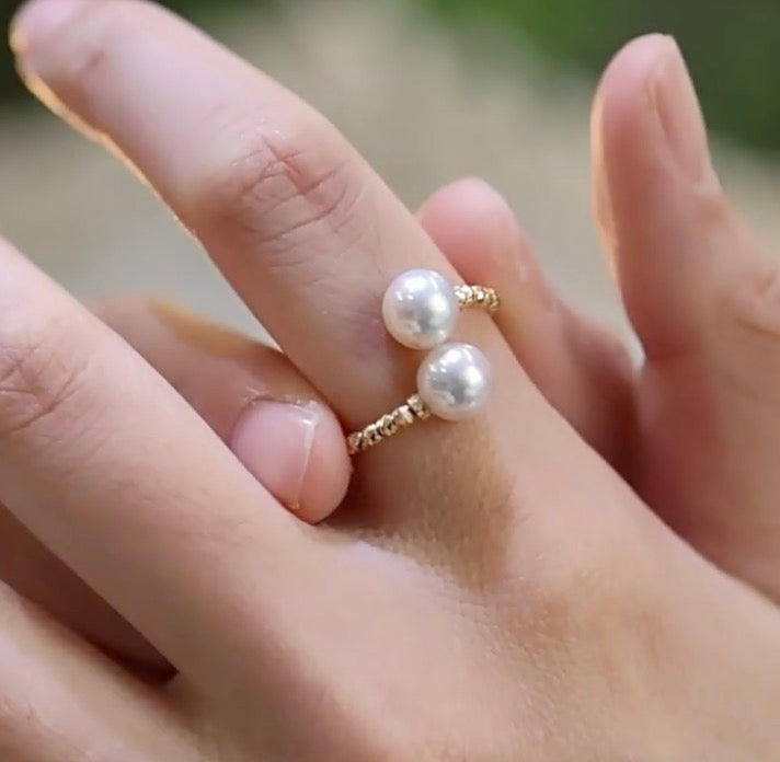 K18YG あこや真珠 パール ワイヤーリング フォークリング 双子 ツイン 2珠 イエローゴールド YG 18K アコヤ真珠 ツイスト リング 指輪