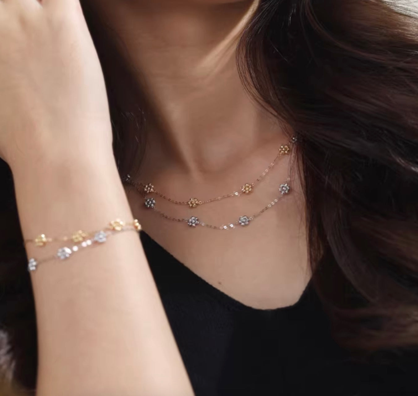 K18YG WG デイジーフラワー ステーションブレスレット カットボール 18K 花 フローラル キラキラ