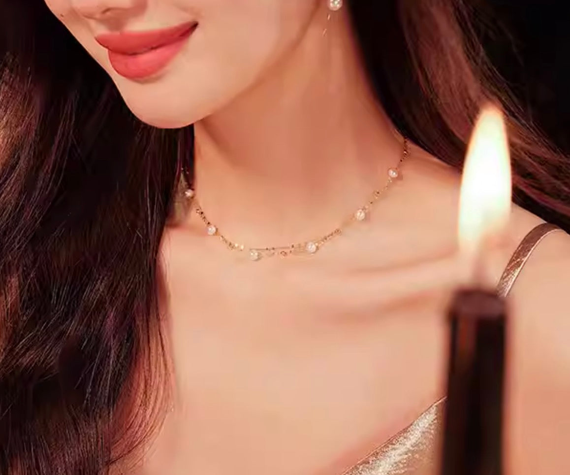 K18YG あこや真珠 ステーションネックレス 18K パール ダブルチェーン 2重