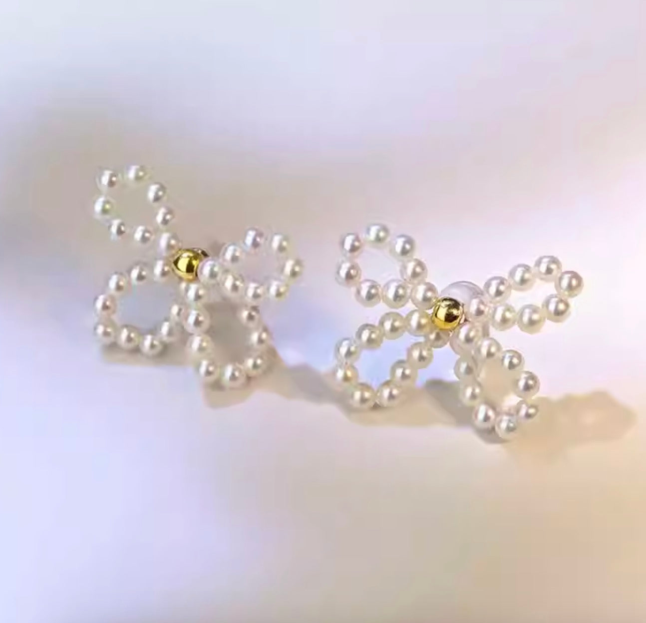 K18YG 淡水パール リボン 2way イエローゴールド 18K スタッドピアス 蝶々