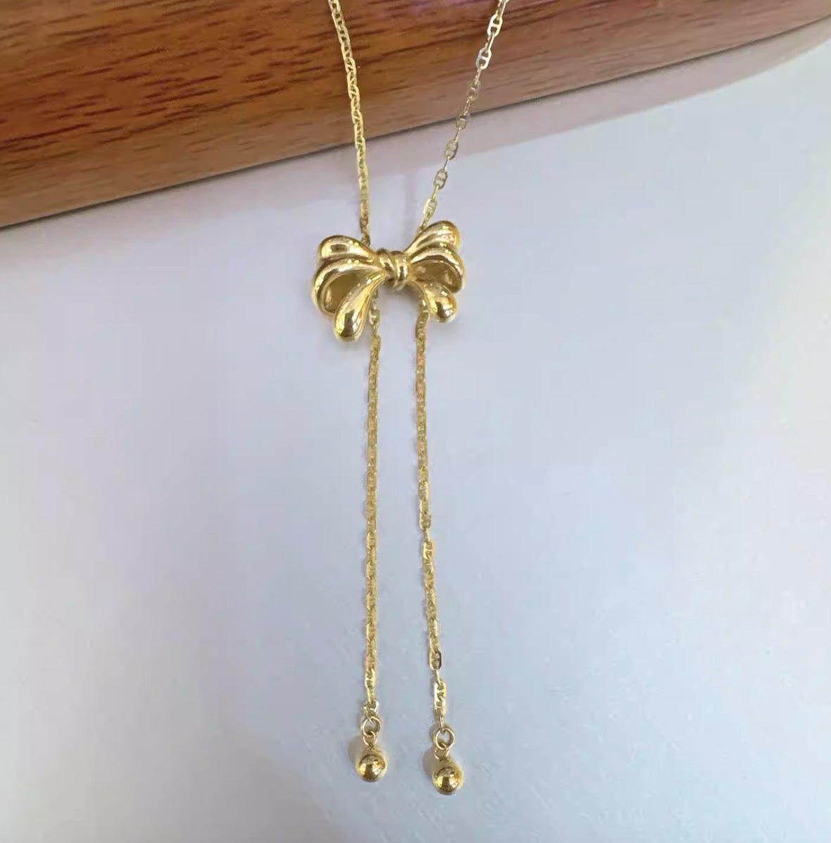 K18YG リボン ロングネックレス 2way スライド式アジャスター 18K フラットマリーナチェーン