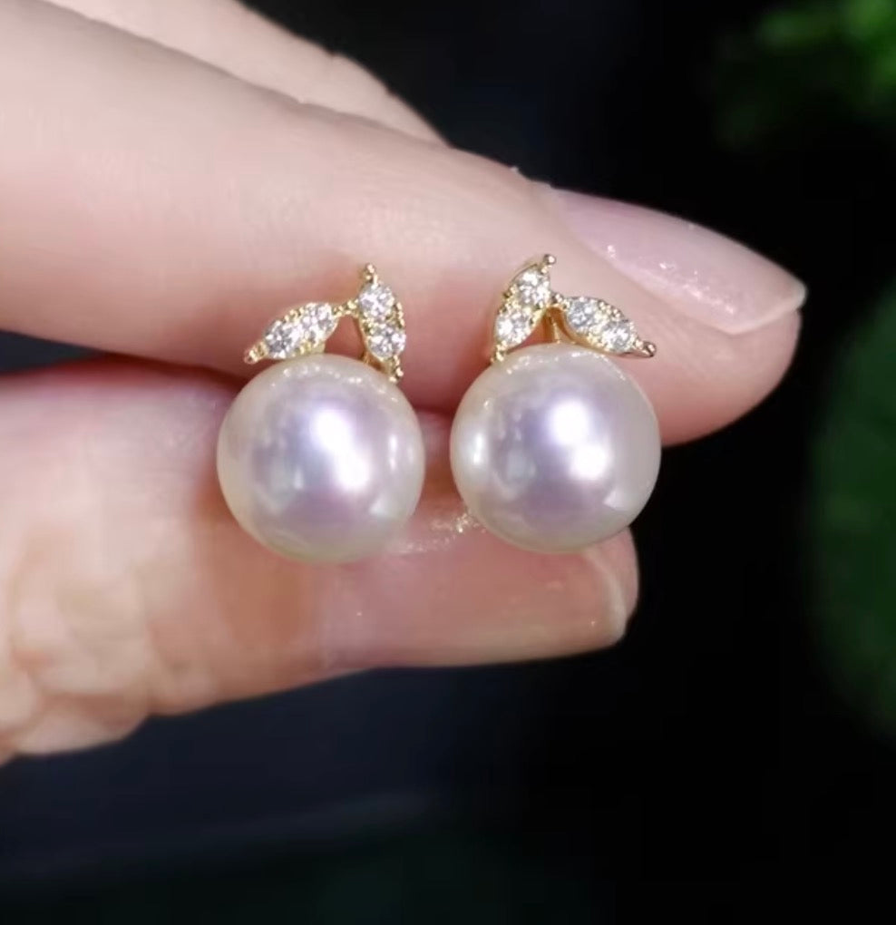 K18YG WG あこや真珠 ピアス ダイヤモンド リーフ 18K アコヤ真珠 パール シンプル