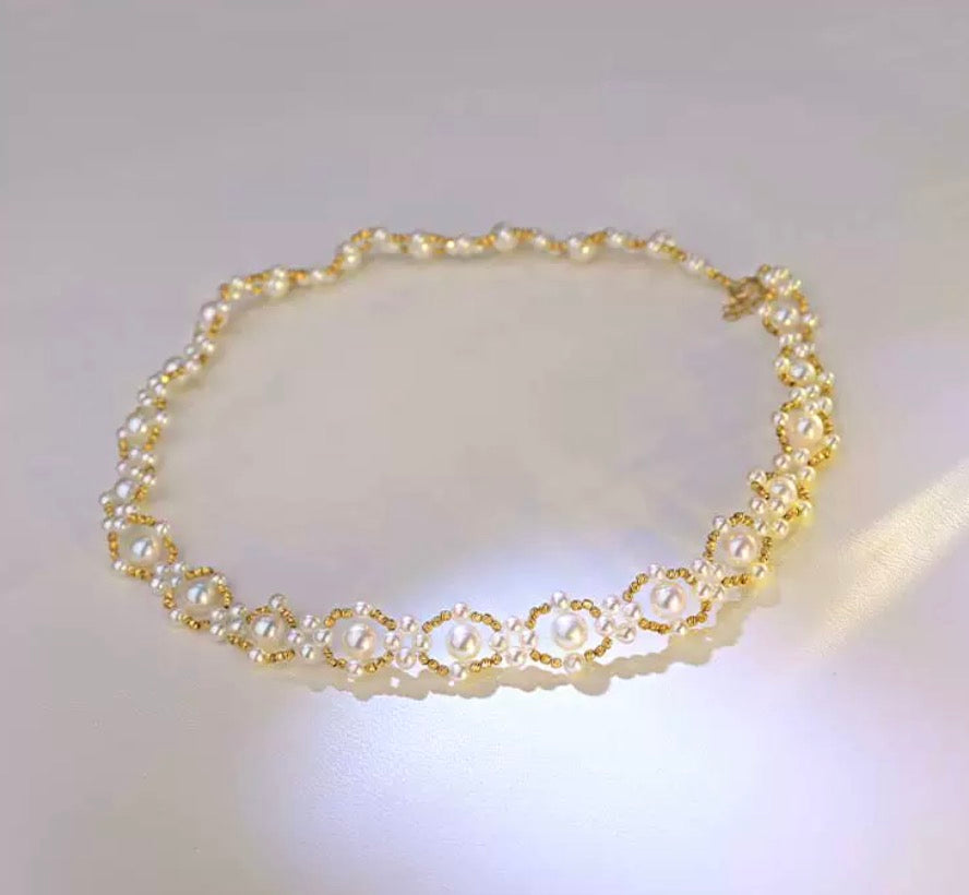 K18YG あこや真珠 ブレスレット 18K レース 編み ワイヤー アコヤ真珠 インフィニティ パール 弾力 オーバル カットボール