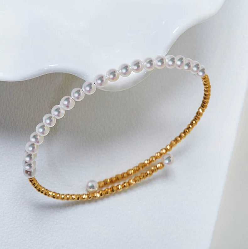 K18YG あこや真珠 彩凛珠 バングル 弾力ワイヤー 18K アコヤ真珠 3-4mm パール オープンバングル ブレスレット カットボール