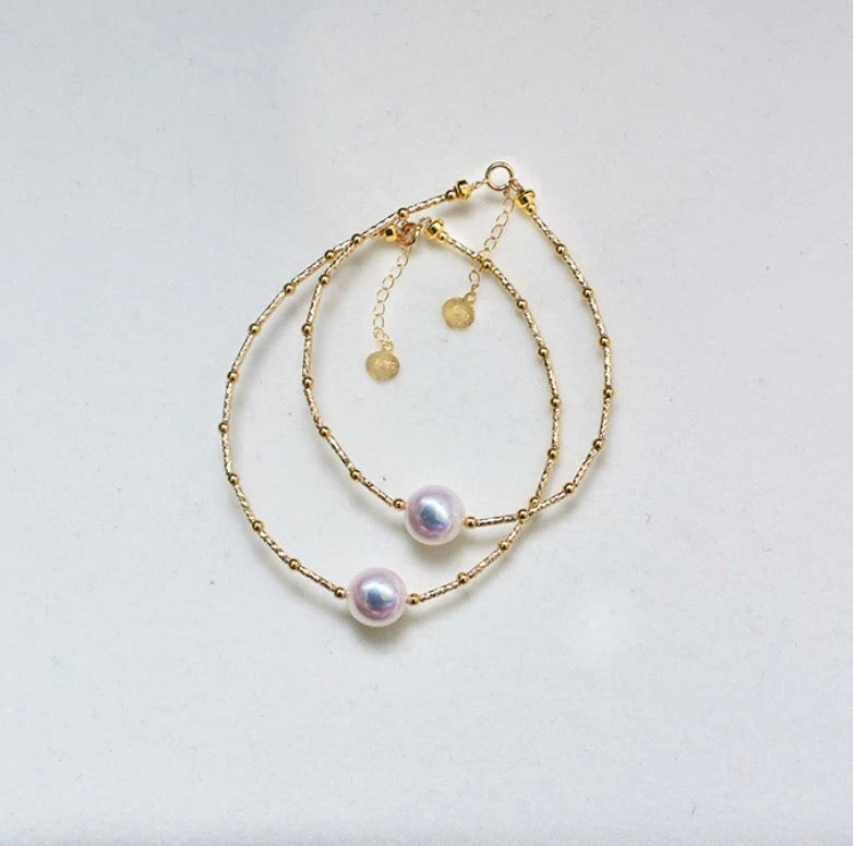 K18YG あこや真珠 花珠 ワイヤーブレスレット 弾力 バングル 18K アコヤ イエローゴールド スライド式アジャスター ハートチャーム