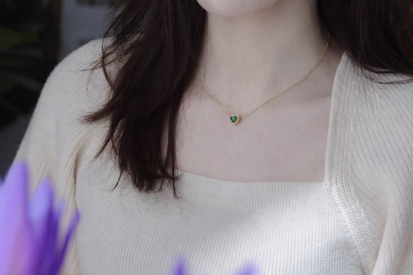 18k yellow gold jewelry curb chain tsavorite heart necklace