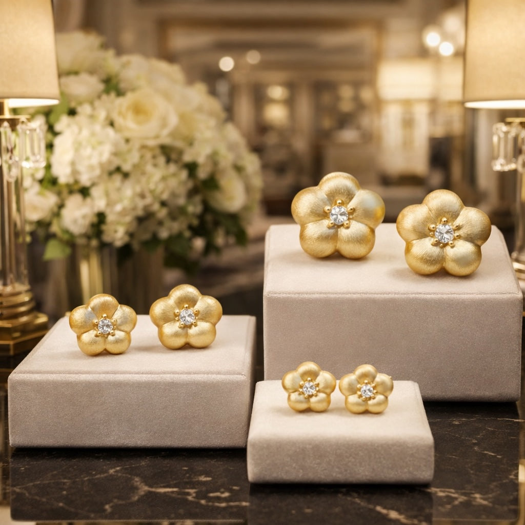 K18YG ピアス 桜 梅 スタッド 花 18k ヘアライン ぷっくり やすり加工 艶消し 可愛い イエローゴールド 中空ピアス