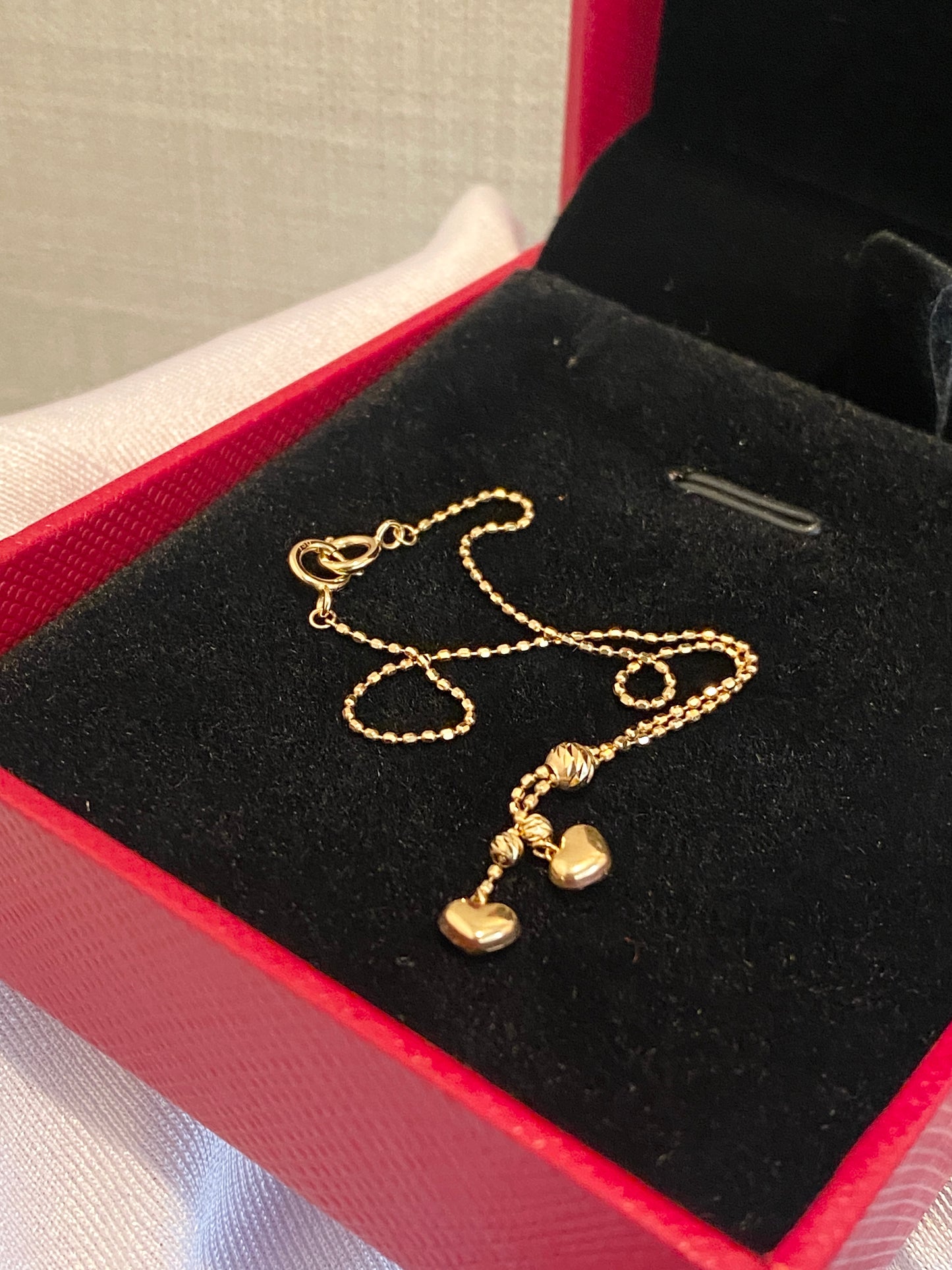 K18YG ハートチャーム ブレスレット 0.8mm ダブルハート カットボールチェーン 18k 18cm~ スライド式アジャスター 調整チェーン