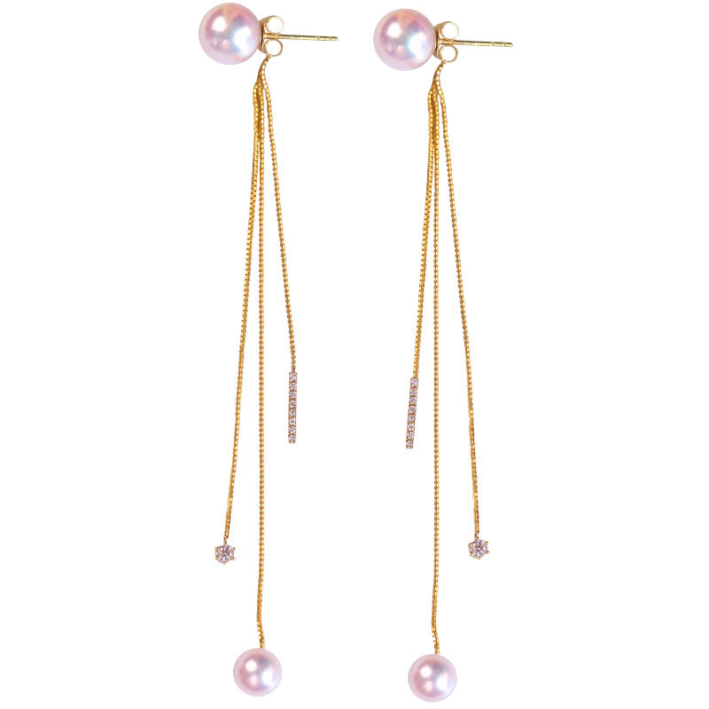 K18YG イエローゴールド あこや真珠 アコヤ 18金 ピアス ロングピアス チェーンピアス 天女 ダイヤモンド ダイヤ 真珠 パール 18K akoya