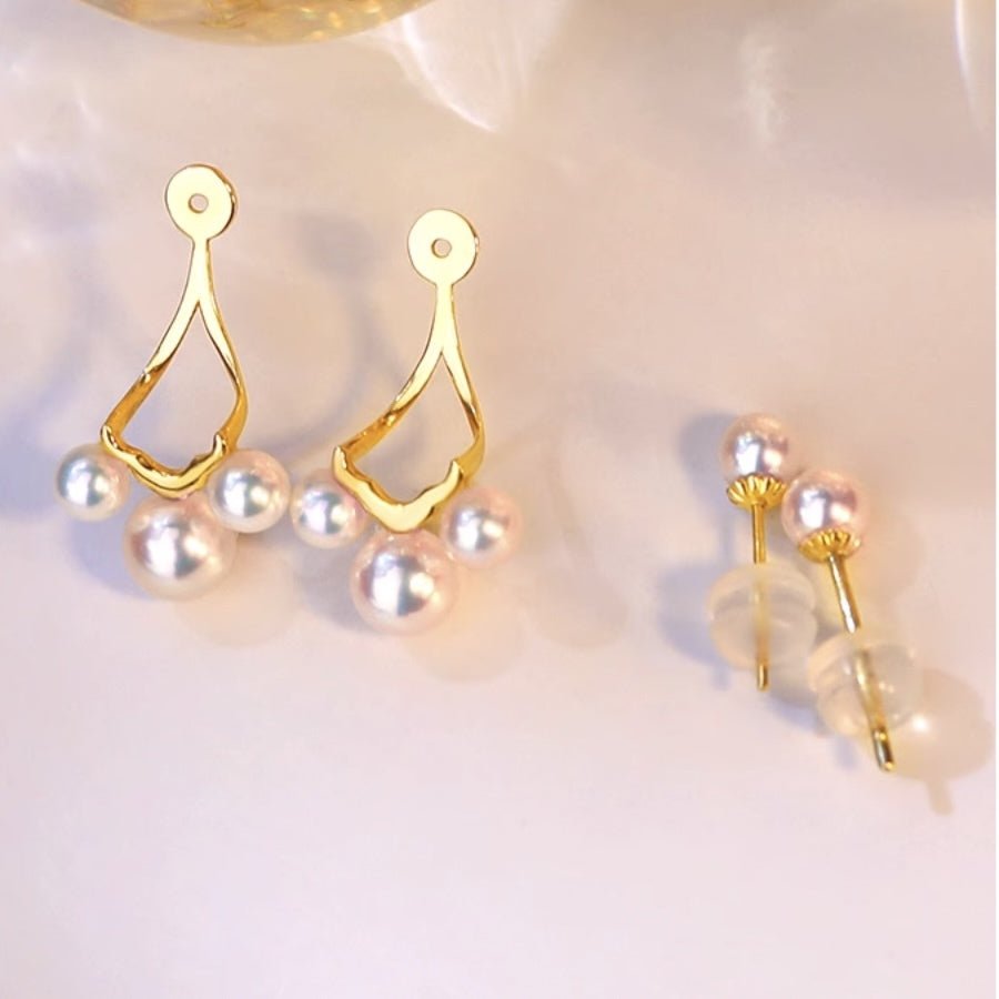 K18YG イエローゴールド あこや真珠 スタッドピアス 18金 真珠 パール 18K シンプル 18K 2way ベビーあこや 小珠 スマイル トリプル ミニ - Jewelry Hills Tokyo