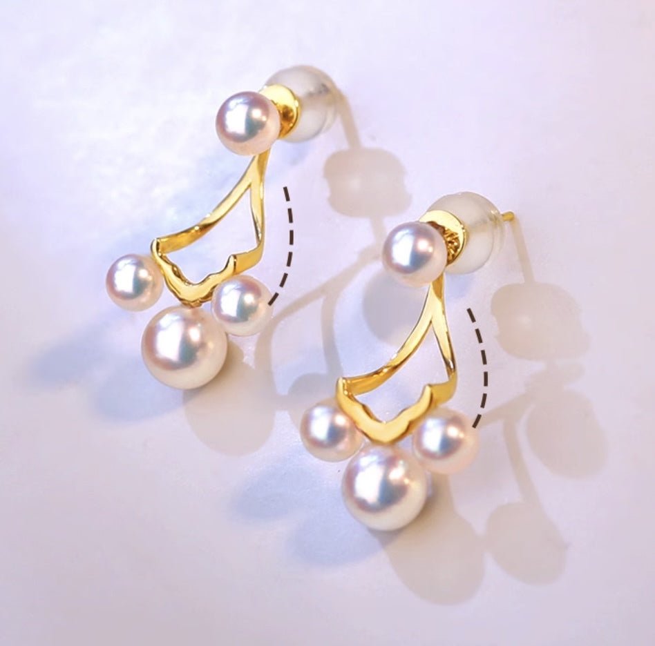 K18YG イエローゴールド あこや真珠 スタッドピアス 18金 真珠 パール 18K シンプル 18K 2way ベビーあこや 小珠 スマイル トリプル ミニ - Jewelry Hills Tokyo