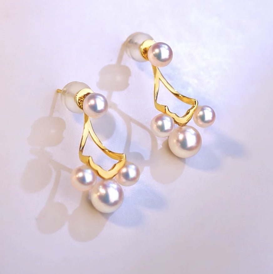 K18YG イエローゴールド あこや真珠 スタッドピアス 18金 真珠 パール 18K シンプル 18K 2way ベビーあこや 小珠 スマイル トリプル ミニ - Jewelry Hills Tokyo