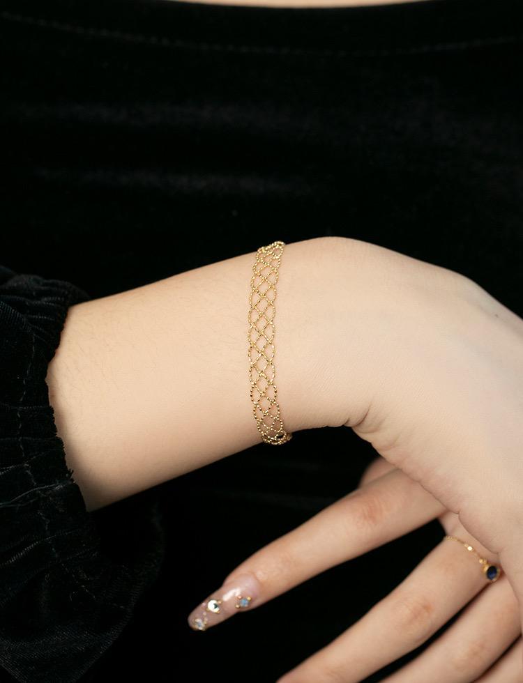 K18YG イエローゴールド 18金 ブレスレット レース 編み 18k メッシュ ワイド アジャスター ブレス - Jewelry Hills Tokyo