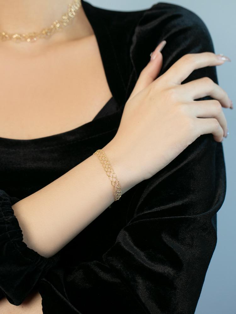 K18YG イエローゴールド 18金 ブレスレット レース 編み 18k メッシュ ワイド アジャスター ブレス - Jewelry Hills Tokyo