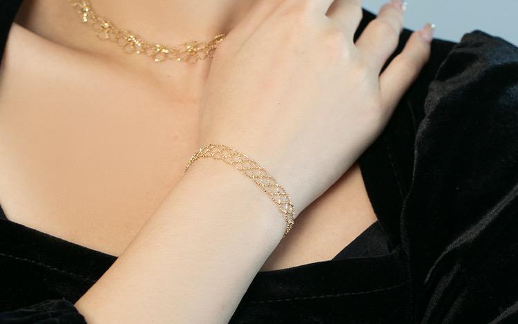K18YG イエローゴールド 18金 ブレスレット レース 編み 18k メッシュ ワイド アジャスター ブレス - Jewelry Hills Tokyo