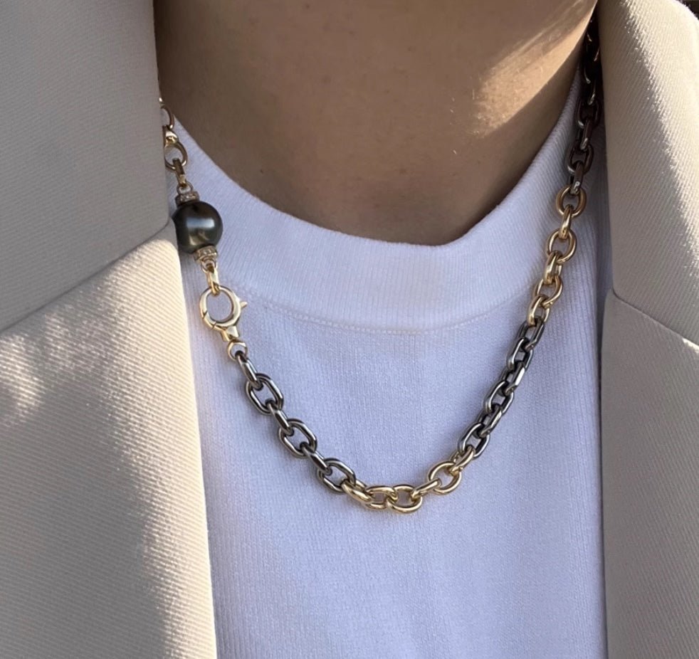 K18YG イエローゴールド 18K レオンチェーン ケーブルチェーン オーバル ネックレス メンズ レディース 中空 太め ツートン ボリューム メンズジュエリー - Jewelry Hills Tokyo