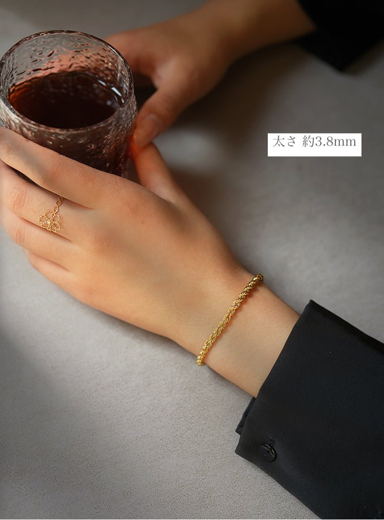 K18YG イエローゴールド 18K ブレスレット チェーンブレスレット ブレス ロープチェーン ねじり 編み込み 長さ 17cm 太さ 3.8mm 3.6g - Jewelry Hills Tokyo