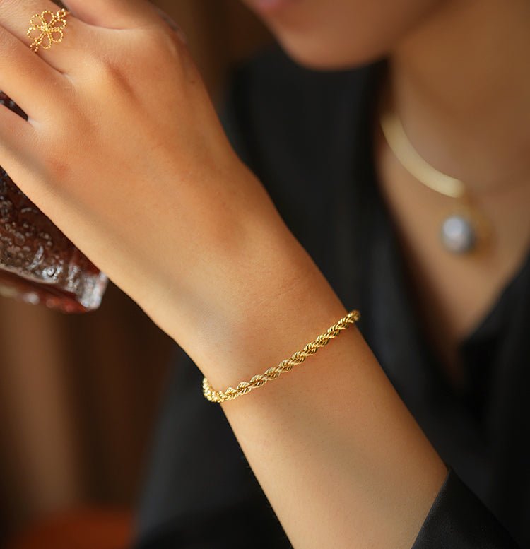 K18YG イエローゴールド 18K ブレスレット チェーンブレスレット ブレス ロープチェーン ねじり 編み込み 長さ 17cm 太さ 3.8mm 3.6g - Jewelry Hills Tokyo
