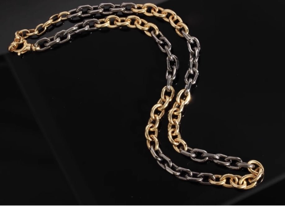 K18YG イエローゴールド 18K レオンチェーン ケーブルチェーン オーバル ネックレス メンズ レディース 中空 太め ツートン ボリューム メンズジュエリー - Jewelry Hills Tokyo
