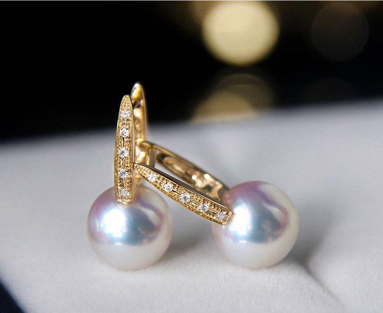 K18YG イエローゴールド あこや真珠 ピアス ダイヤモンド リングピアス アコヤ 真珠 パール ダイヤ スクエア シンプル 18K - Jewelry Hills Tokyo