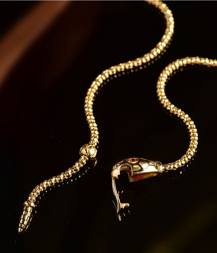K18YG イエローゴールド 18K スネークネックレス スネークモチーフ 蛇 スネーク ルビー クリップペンダント 長さ 47cm 太さ 2.2mm - Jewelry Hills Tokyo