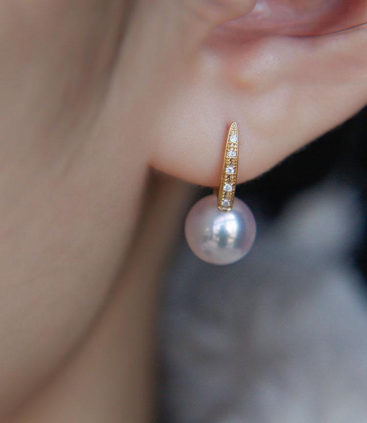 K18YG イエローゴールド あこや真珠 ピアス ダイヤモンド リングピアス アコヤ 真珠 パール ダイヤ スクエア シンプル 18K - Jewelry Hills Tokyo