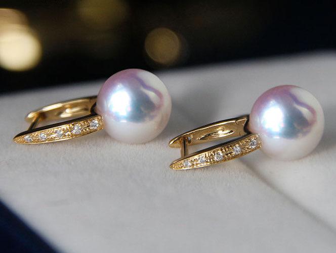 K18YG イエローゴールド あこや真珠 ピアス ダイヤモンド リングピアス アコヤ 真珠 パール ダイヤ スクエア シンプル 18K - Jewelry Hills Tokyo