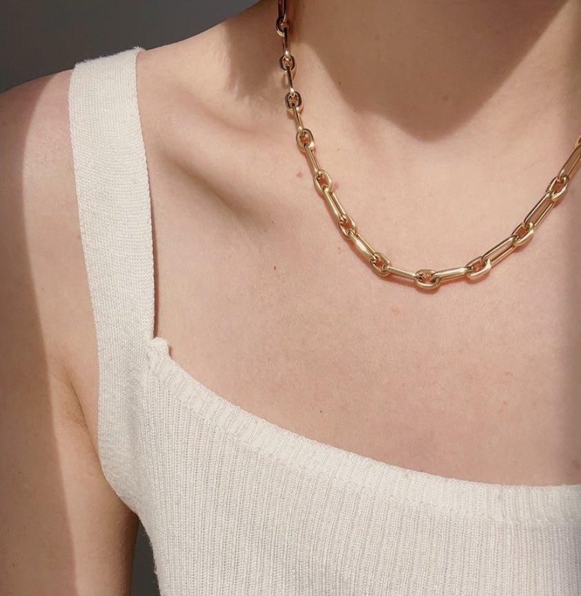 K18YG イエローゴールド 18K レオンチェーン ケーブルチェーン オーバル ネックレス メンズ レディース 中空 男女共用 大ぶり 太め 太い ボリューム - Jewelry Hills Tokyo