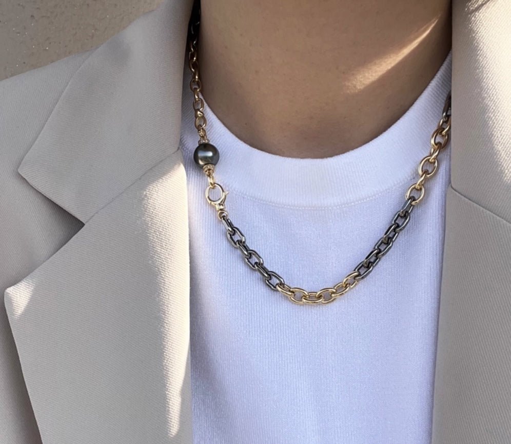 K18YG イエローゴールド 18K レオンチェーン ケーブルチェーン オーバル ネックレス メンズ レディース 中空 太め ツートン ボリューム メンズジュエリー - Jewelry Hills Tokyo