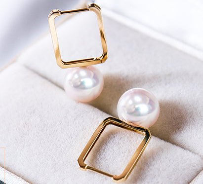 K18YG イエローゴールド あこや真珠 パールピアス アコヤ ピアス フープピアス リングピアス スクエア 真珠 パール 18K akoya シンプル - Jewelry Hills Tokyo