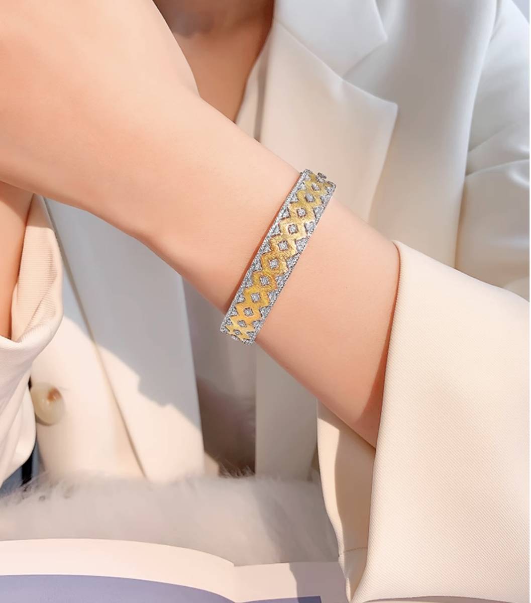 K18YG イエローゴールド 18K バングル ブレスレット レトロ ダイヤモンド ダイヤ ジュエリー ブレス レディース 太め 大ぶり ハイエンド WG ボリューム ハイエンド オーダーメイド - Jewelry Hills Tokyo