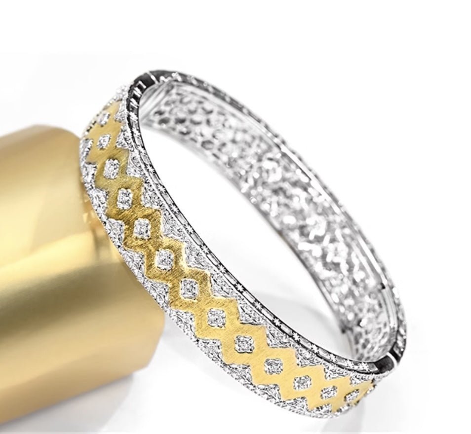 K18YG イエローゴールド 18K バングル ブレスレット レトロ ダイヤモンド ダイヤ ジュエリー ブレス レディース 太め 大ぶり ハイエンド WG ボリューム ハイエンド オーダーメイド - Jewelry Hills Tokyo