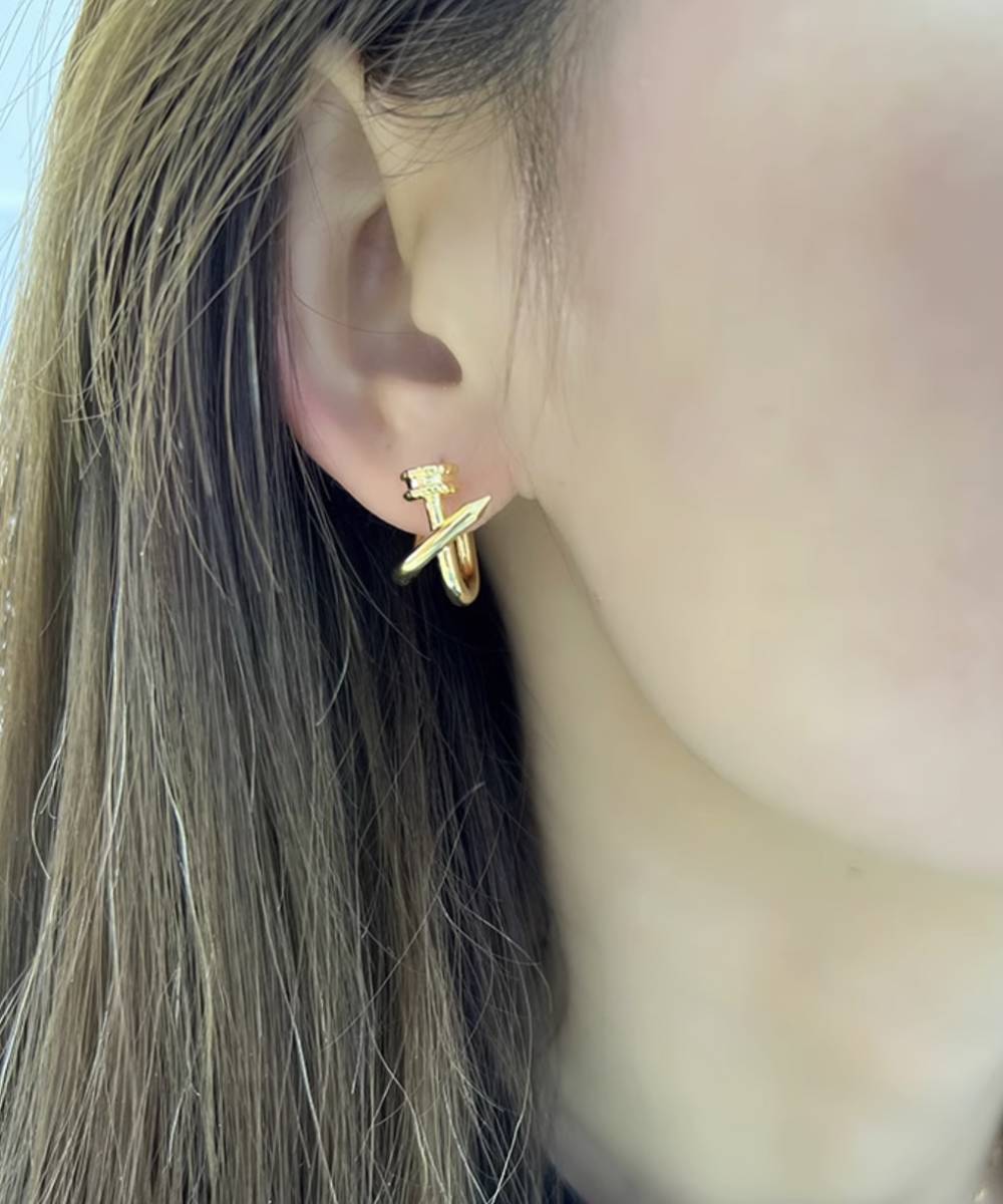 K18YG イエローゴールド 18K ピアス フープピアス リングピアス イタリアンジュエリー 輪っか 釘 釘モチーフ 中空 X - Jewelry Hills Tokyo