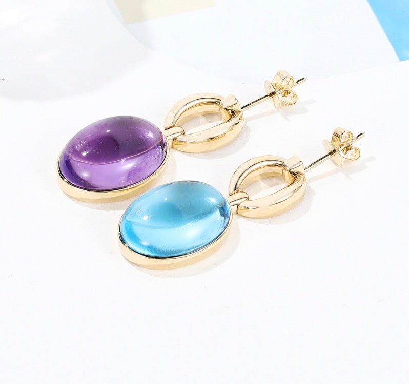 K18YG カボション ピアス アメジスト トパーズ 18K オーバル YG 18金 楕円形 ぷっくり ドロップピアス 揺れる 大ぶり イエローゴールド - Jewelry Hills Tokyo