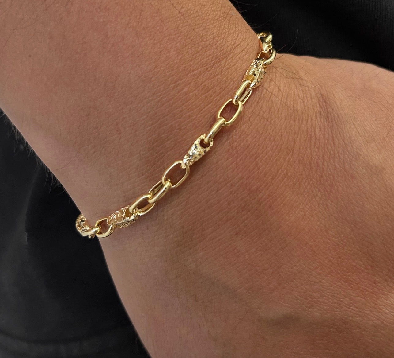 K18YG イエローゴールド ステーションチェーン 小判チェーン ブレスレット オーバル デザインチェーン 18K YG メンズ レディース オーバルリンクチェーン - Jewelry Hills Tokyo