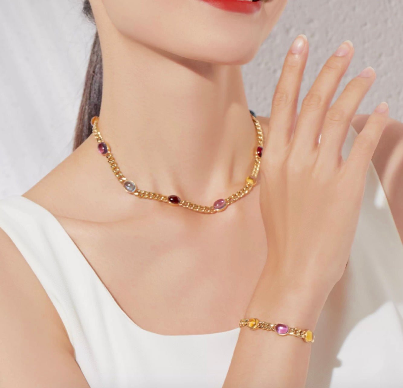 K18YG 喜平チェーン カボション ブレスレット 18K 喜平 ブレス 太め アメジスト トパーズ シトリン ガーネット オーバル YG レディース - Jewelry Hills Tokyo