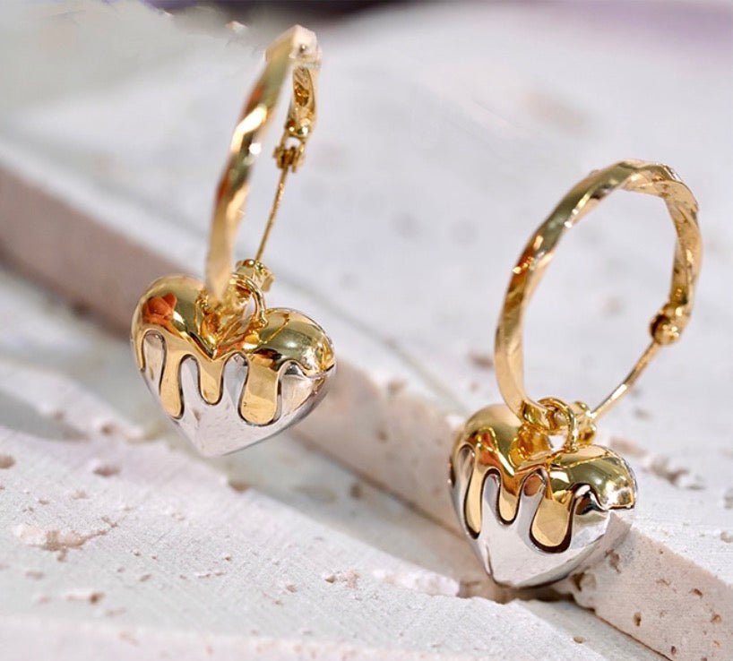 K18YG ツイスト 2way ハート 18K フープピアス ピアス リングピアス ねじり YG イエローゴールド メルティング ツートン WG バイカラー - Jewelry Hills Tokyo