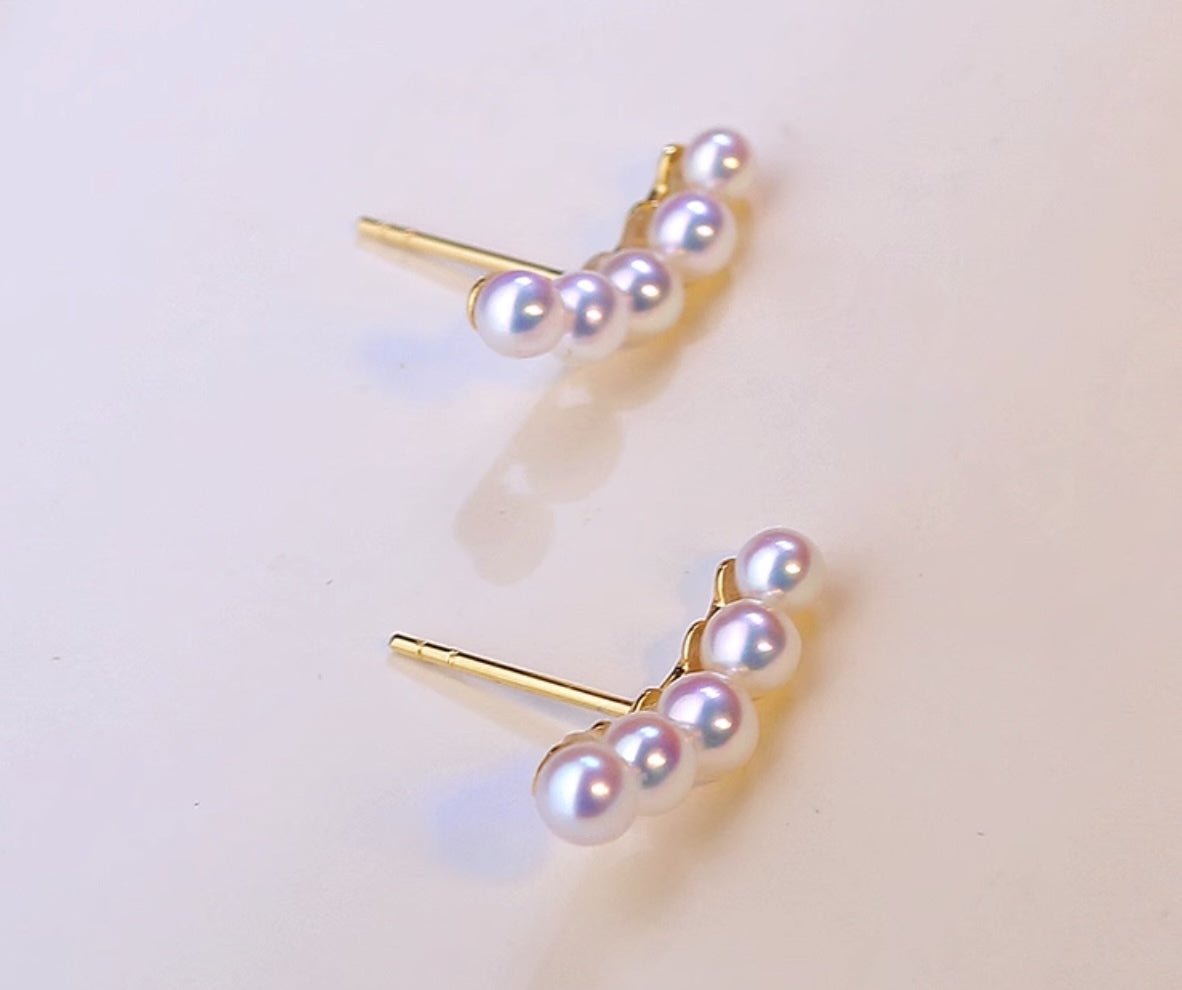 K18YG イエローゴールド あこや真珠 5珠 ピアス アコヤ 5玉 5粒 18金 真珠 パール 18K akoya pearl スタッドピアス スマイル シンプル - Jewelry Hills Tokyo