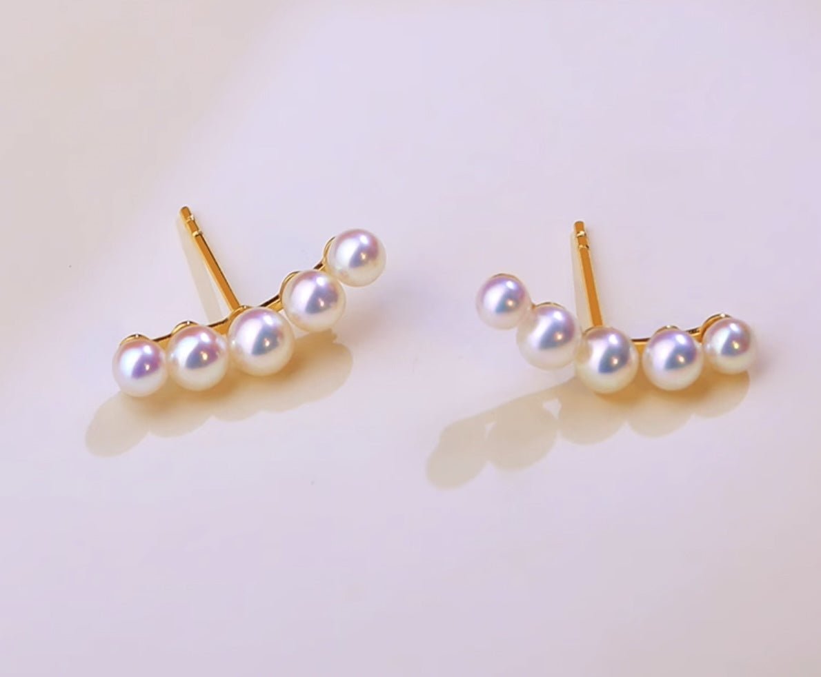 K18YG イエローゴールド あこや真珠 5珠 ピアス アコヤ 5玉 5粒 18金 真珠 パール 18K akoya pearl スタッドピアス スマイル シンプル - Jewelry Hills Tokyo