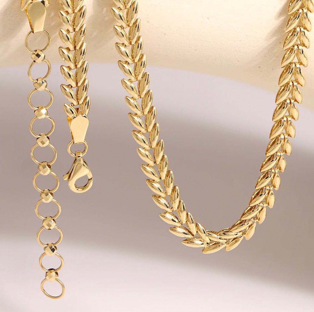 K18YG イエローゴールド ネックレス リーフモチーフ 太め 太い 5mm ボリューム リーフ 麦 イタリアンジュエリー 18K YG 40+5cm - Jewelry Hills Tokyo