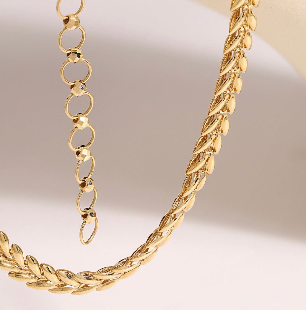 K18YG イエローゴールド ネックレス リーフモチーフ 太め 太い 5mm ボリューム リーフ 麦 イタリアンジュエリー 18K YG 40+5cm - Jewelry Hills Tokyo