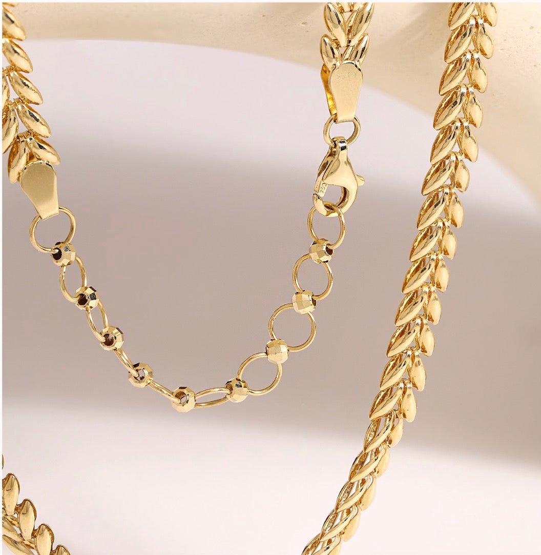 K18YG イエローゴールド ネックレス リーフモチーフ 太め 太い 5mm ボリューム リーフ 麦 イタリアンジュエリー 18K YG 40+5cm - Jewelry Hills Tokyo