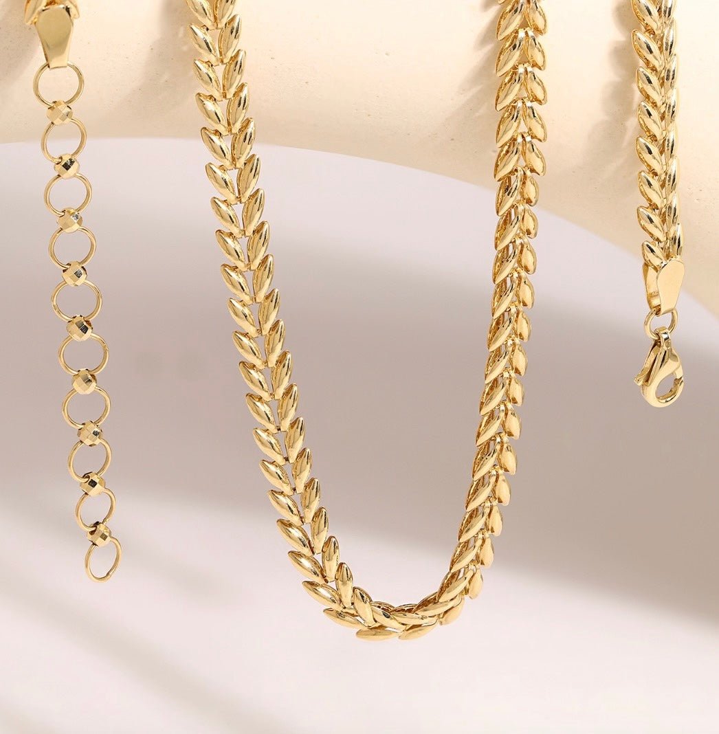 K18YG イエローゴールド ネックレス リーフモチーフ 太め 太い 5mm ボリューム リーフ 麦 イタリアンジュエリー 18K YG 40+5cm - Jewelry Hills Tokyo